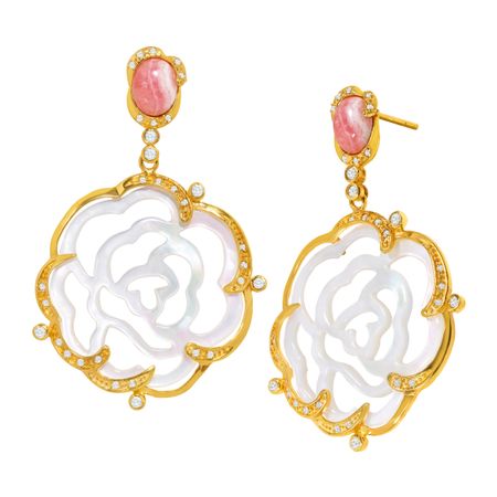 Carved Rose Drop Earrings with Rhodochrosite