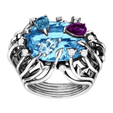 Swiss & London Blue Topaz, Amethyst Iris Blossom Ring