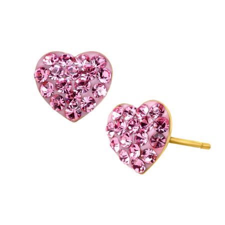 Girl's Heart Stud Earrings with Pink Crystals