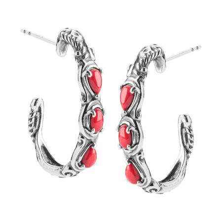 Simply Fabulous Coral Three-Stone Hoop Earrings