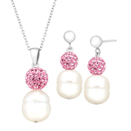 Pearl Pendant & Earring Set with Pink Swarovski Crystals