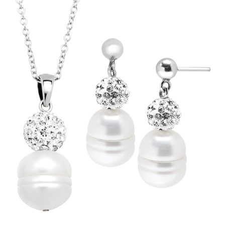 Ringed Pearl Pendant & Earrings Set with Crystals