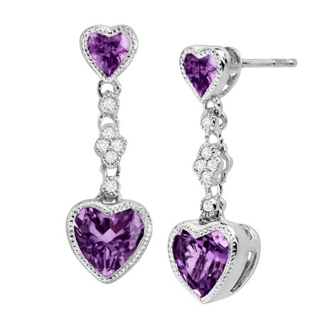 Amethyst Double Heart Earrings with White Sapphires