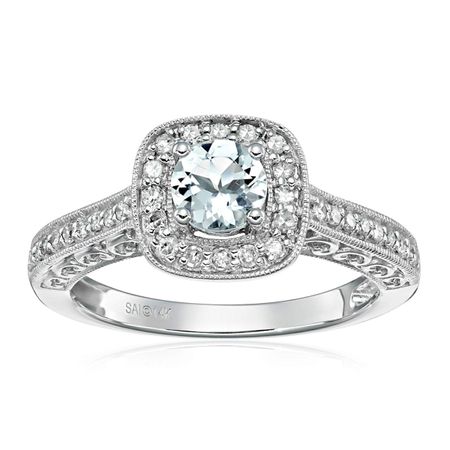 Aquamarine & 1/4 ct Diamond Halo Ring