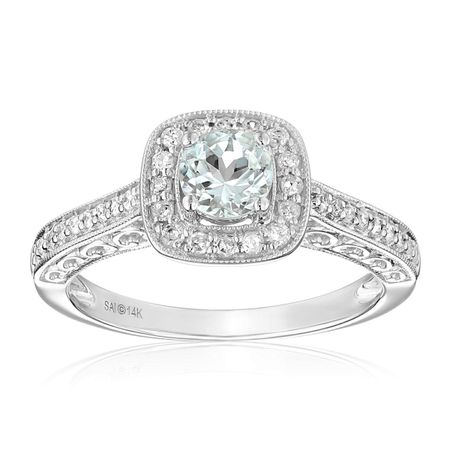 Aquamarine & 1/4 ct Diamond Halo Ring