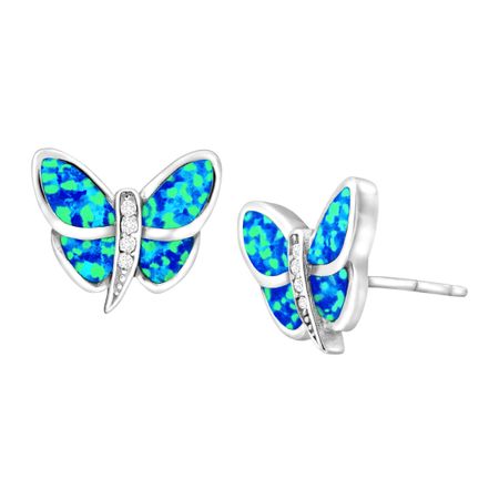Blue Opal & White Sapphire Butterfly Stud Earrings