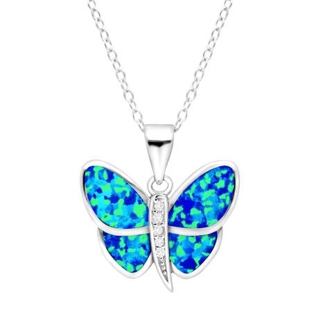 Blue Opal & White Sapphire Butterfly Pendant
