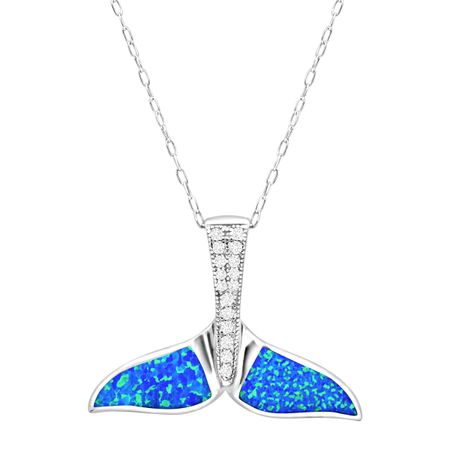 Blue Opal Whale Tail Pendant with Cubic Zirconia