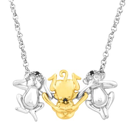 Three Wise Monkey Necklace with Black Diamonds