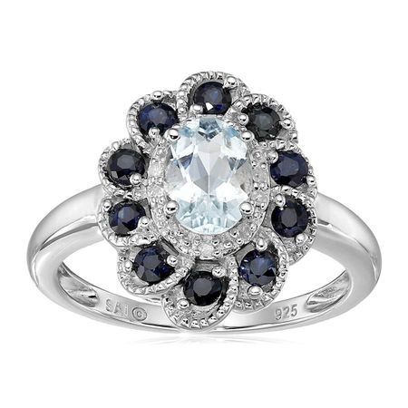 Aquamarine & Sapphire Flower Ring with Diamonds