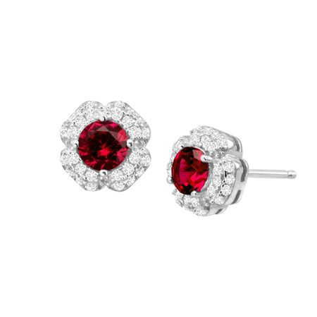 Ruby & White Sapphire Floral Stud Earrings