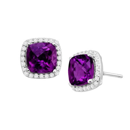 Amethyst & White Sapphire Halo Stud Earrings