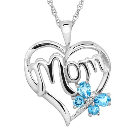 Swiss Blue Topaz 'Mom' Heart Pendant with Diamond