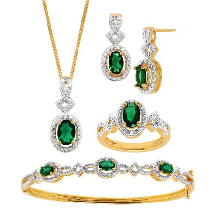 Emerald Pendant, Bracelet, Earring & Ring Set with Diamonds
