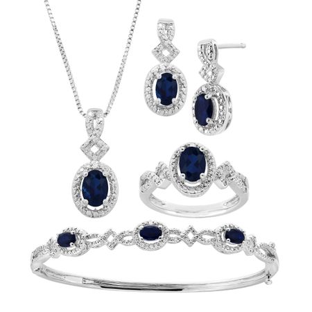 Sapphire Pendant, Bracelet, Earring & Ring Set with Diamonds