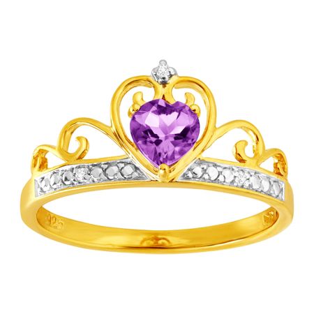 Amethyst & Cubic Zirconia Crowned Heart Ring, Yellow