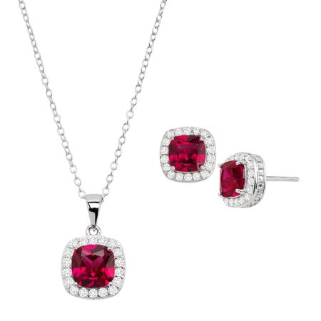 Ruby & White Sapphire Halo Pendant & Earring Set