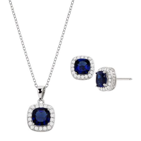 Blue & White Sapphire Halo Pendant & Earring Set
