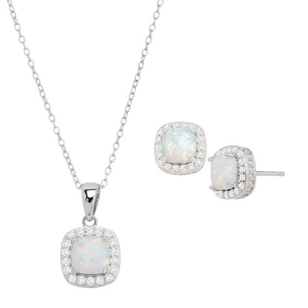 Opal & White Sapphire Halo Pendant & Earring Set