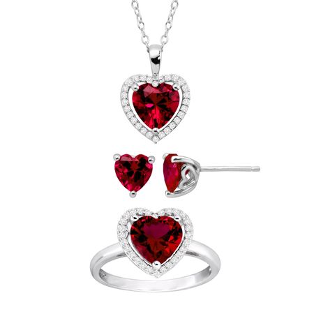 Ruby & White Sapphire Heart Pendant, Earring & Ring Set