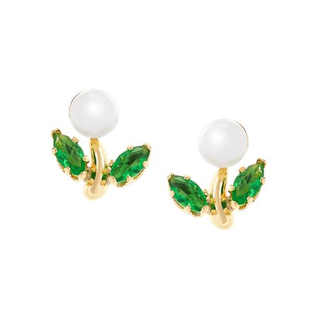 Girl's Pearl Stud Earrings with Green Glass