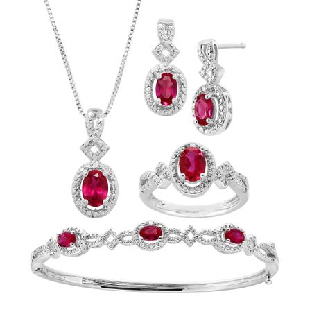 Ruby Pendant, Bracelet, Earring & Ring Set with Diamonds
