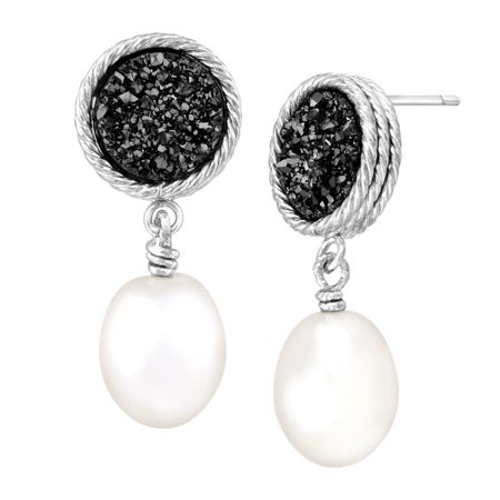 Oval Pearl & Black Druzy Drop Earrings