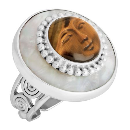 Carved Tiger's Eye & Mother-of-Pearl Goddess Ring