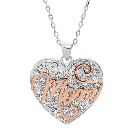 'Mom' Two-Tone Heart Pendant with Crystals