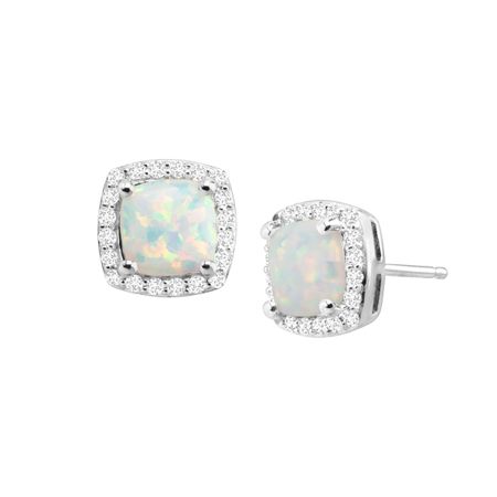 White Opal & Sapphire Cushion Stud Earrings