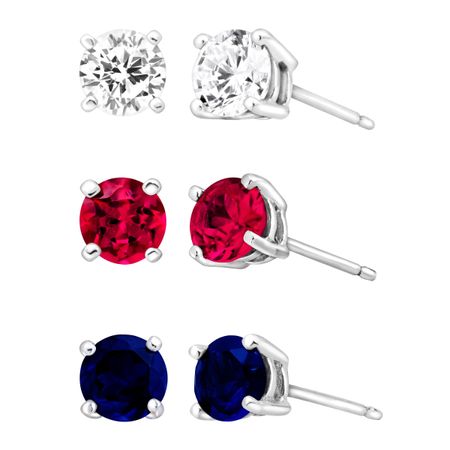 3 3/8 ct Ruby, Blue & White Sapphire Stud Earring Set