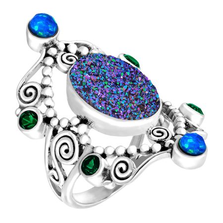 Green Druzy & Opal Quartz Scroll Ring