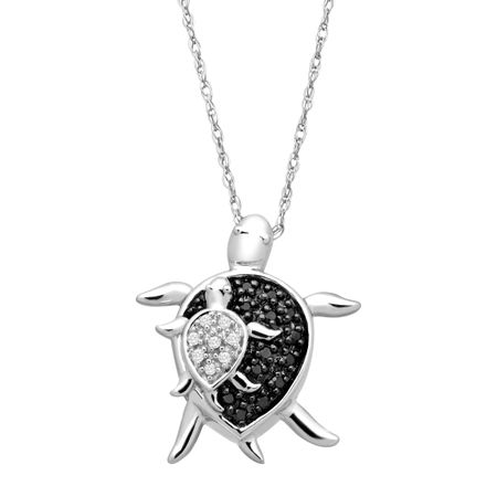 Mother & Baby Turtle Pendant with Black & White Diamonds