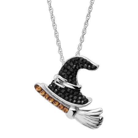 Witch Hat & Broom Pendant with Swarovski Crystals