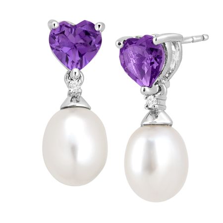 Pearl & 1 3/8 ct Amethyst Heart Drop Earrings with Diamonds