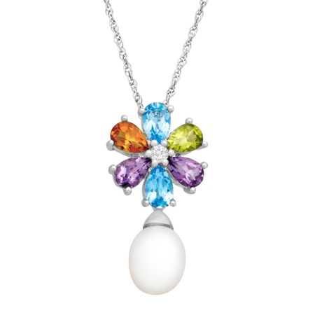 2 5/8 ct Multi-Stone & Pearl Floral Drop Pendant