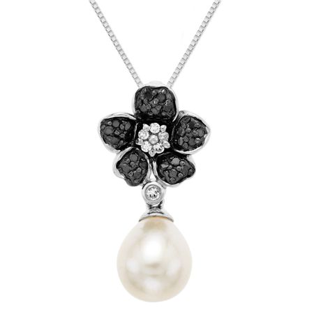 1/5 ct Black & White Diamond Pearl Flower Pendant