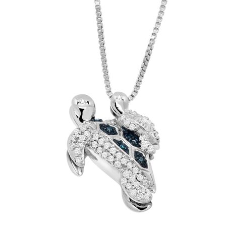 1/5 ct Teal & White Diamond Mother & Baby Turtle Pendant