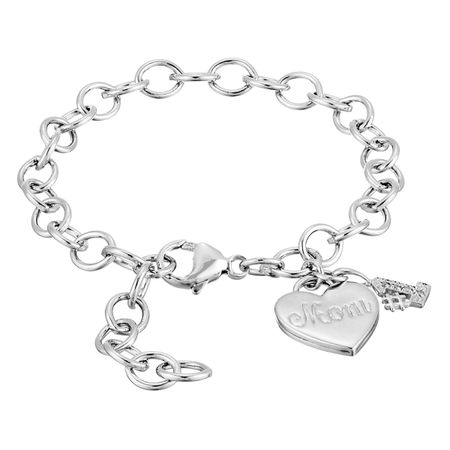 '#1 Mom' Heart Charm Link Bracelet with Diamonds