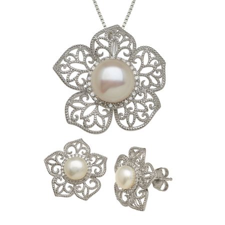 Pearl & 1/4 ct Diamond Flower Pendant & Earring Set