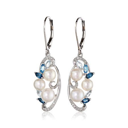 Blue Topaz & 1/10 ct Diamond Drop Earrings with Pearls