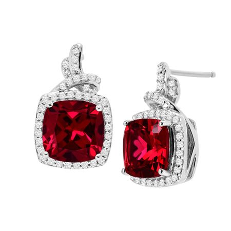 8 3/4 ct Ruby & White Sapphire Cushion Drop Earrings