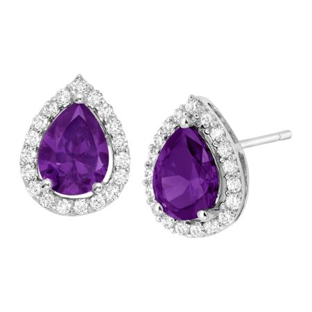 Purple & White Cubic Zirconia Pear Stud Earrings