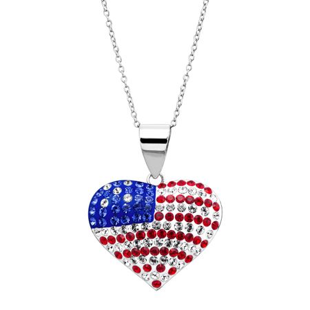 American Flag Puffed Heart Pendant with Swarovski Crystals