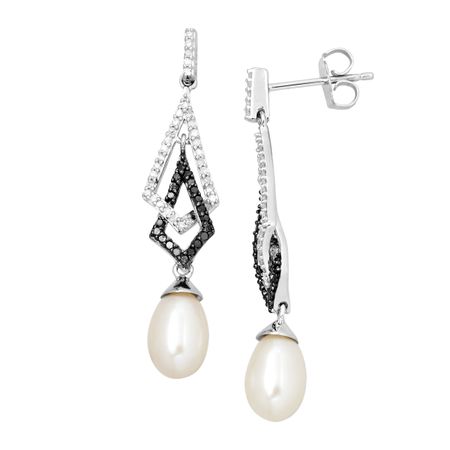 Pearl & 1/3 ct Black & White Diamond Drop Earrings