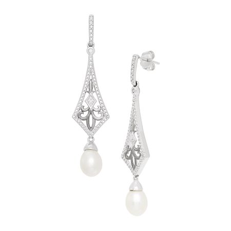 7-9 mm Art-Deco Drop Pearl Earrings With Diamonds