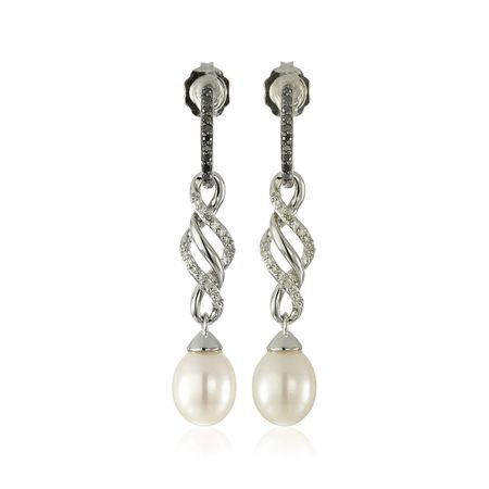 Pearl & 1/6 ct Black & White Diamond Drop Earrings