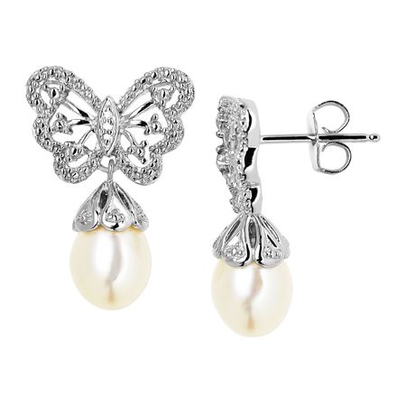 Butterfly Pearl Drop Earrings with Diamonds