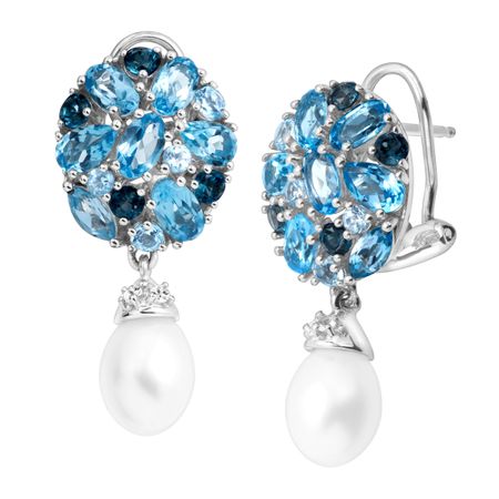 Pearl & 5 1/8 Blue & White Topaz Drop Earrings