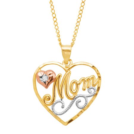 'Mom' Three-Tone Script Pendant with Diamond